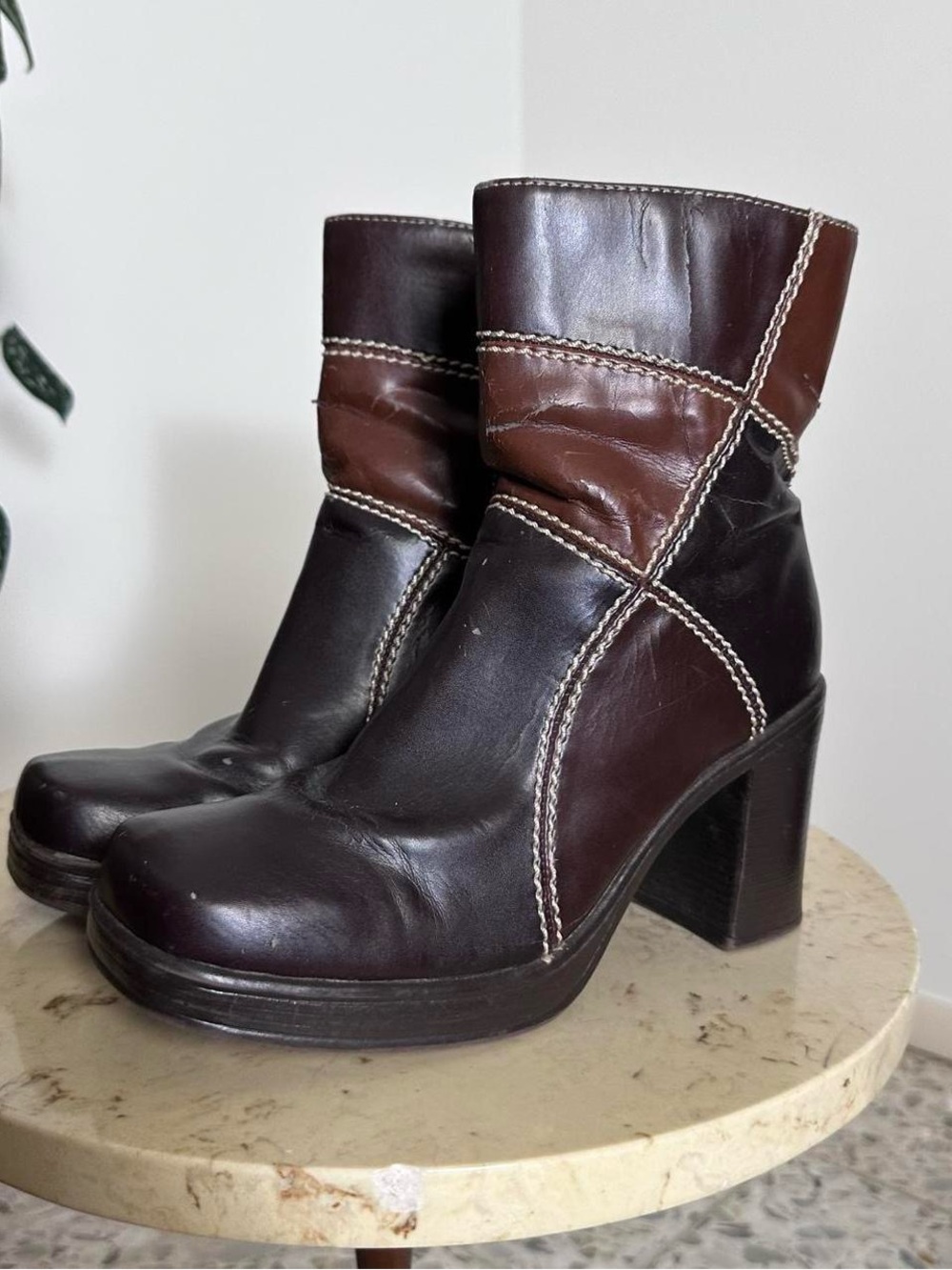 Vintage brown patchwork platform square toe faux leather stitching heeled boots